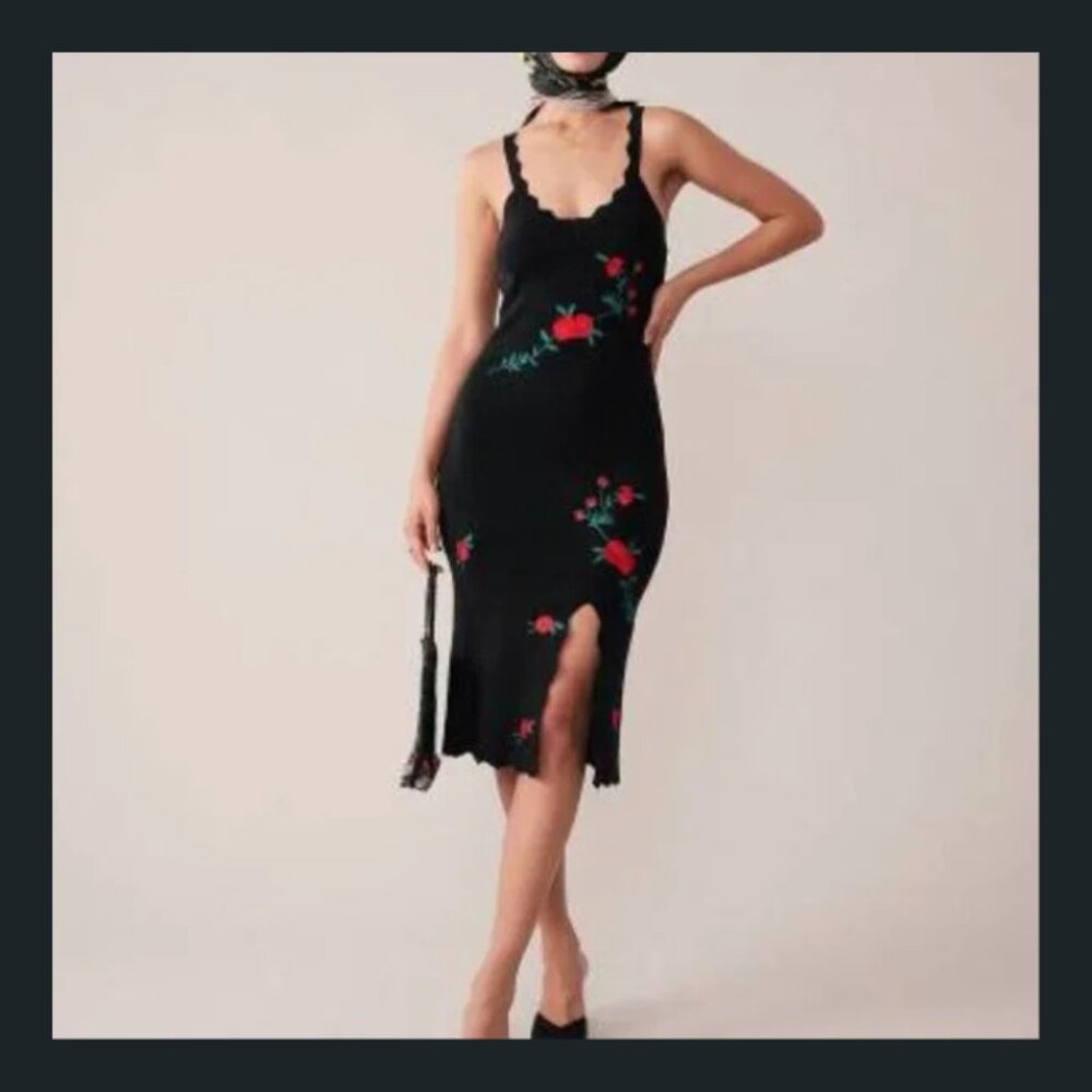 COPY - RIHOAS Black Scalloped Knit Midi Dress - Rose Embroidery